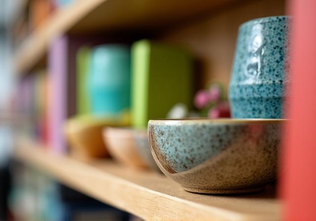 Półka z grami planszowymi i ceramiką